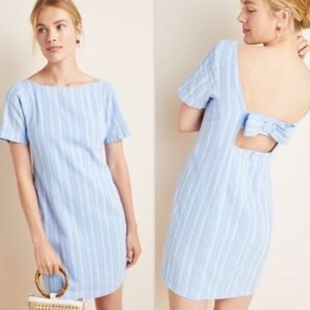 Linen Anthropologie Cape May Mini Dress bow Back Blue & White Short Sleeve Sz 4